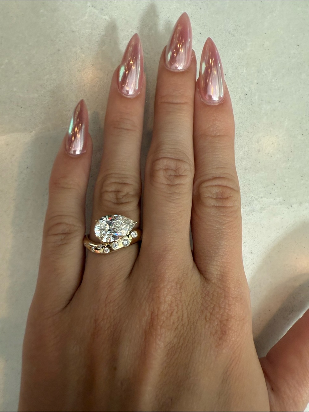 3.07 carat F VS1 pear east west with polka dot band diamond engagement ring - Picture 11 of 12